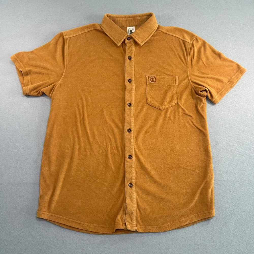 Dandy Del Mar Button Up Shirt Mens L Yellow Terry Cloth Short Sleeve Resort